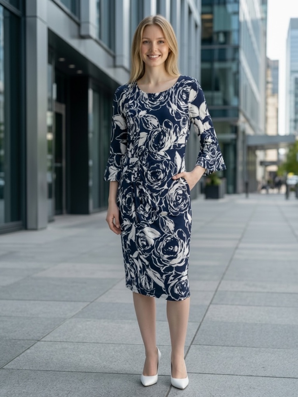 connected apparel Navy and White Floral Midi Dress